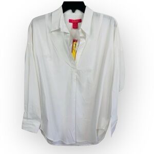 CATHERINE MALANDRINO Womens Sz XS Classic White Collared V Neck Long Sleeve Top